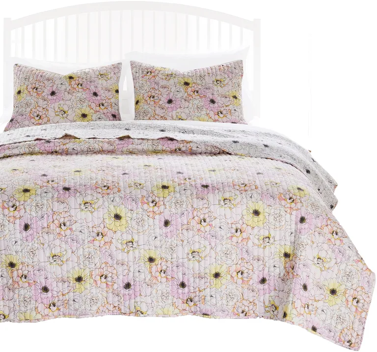 Milan 3 Piece Microfiber Blooming Flower Pattern Queen Quilt Set Photo 1