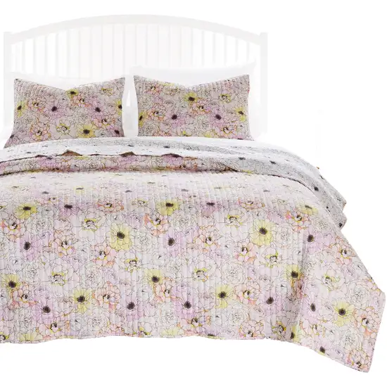 Milan 3 Piece Microfiber Blooming Flower Pattern Queen Quilt Set Photo 1