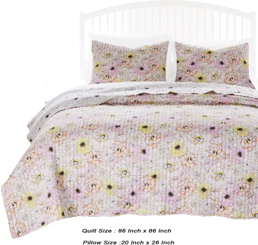 Milan 3 Piece Microfiber Blooming Flower Pattern Queen Quilt Set Photo 5