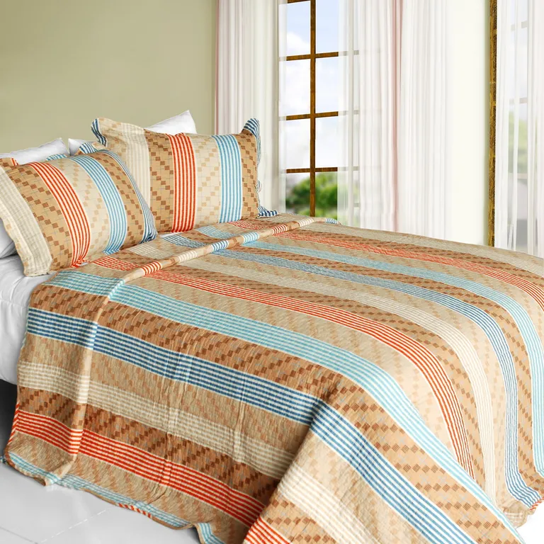 Million Miles - Cotton 3PC Vermicelli-Quilted Striped Printed Quilt Set (Full/Queen Size) Photo 1