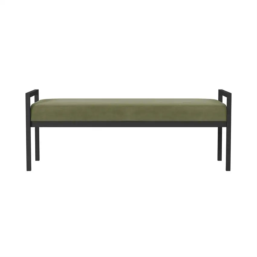 Modern Industrial Bed Bench with Black Metal Frame and Sage Green Velvet Cushion Photo 3