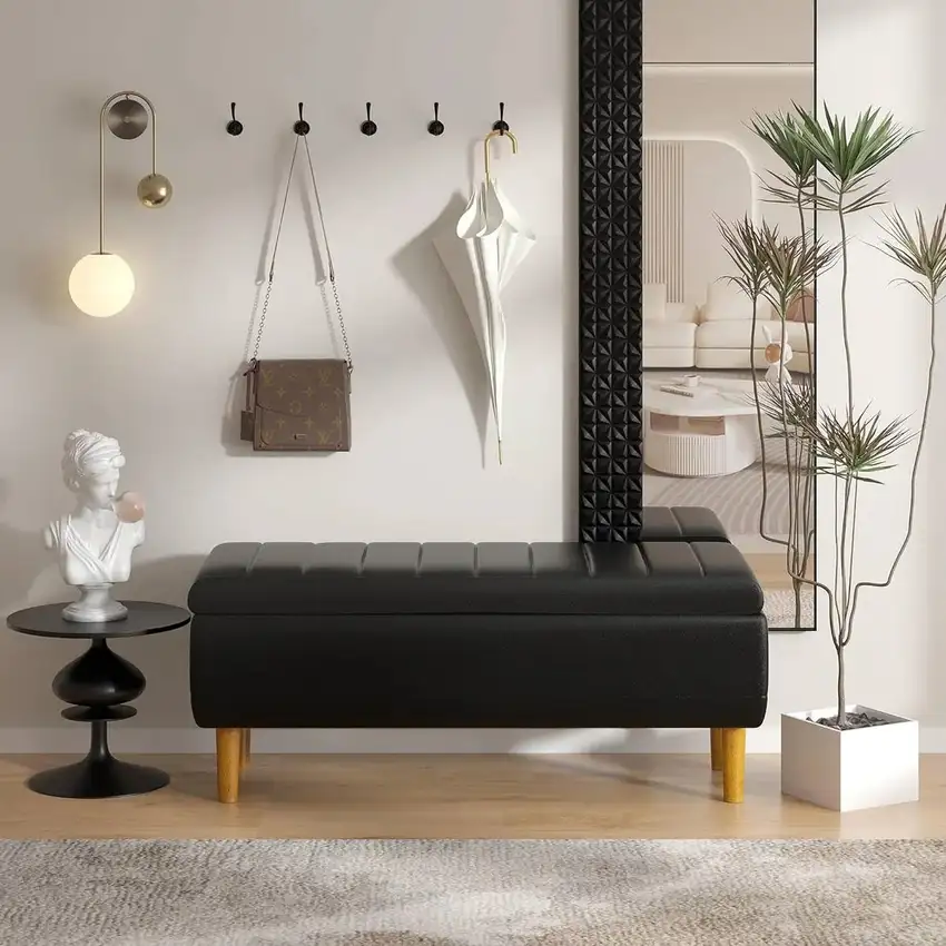 Modern Mid-Century Black Faux Leather End of Bed Storage Bench Ottoman Photo 2