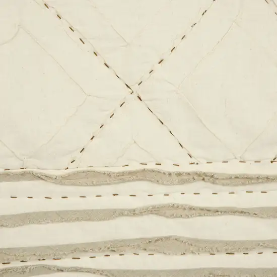 Ivory Geometric King Kantha Stitch Quilt With Shams Photo 4