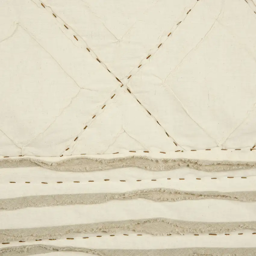 Ivory Geometric King Kantha Stitch Quilt With Shams Photo 4