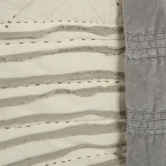 Ivory Geometric King Kantha Stitch Quilt With Shams Photo 5