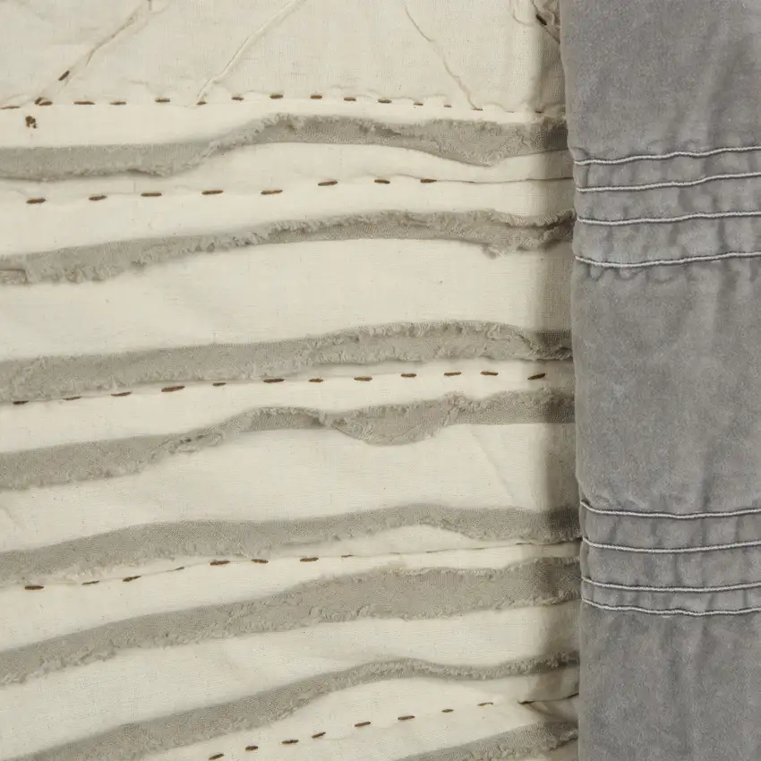 Ivory Geometric King Kantha Stitch Quilt With Shams Photo 5