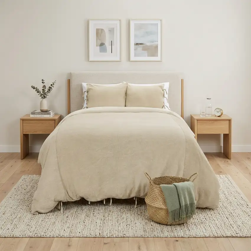 Natural King Cotton Washable Polyester Duvet Cover Set With Two Shams Photo 1