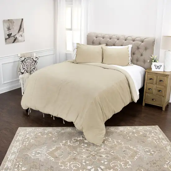 Natural Queen Cotton Washable Polyester Duvet Cover Set With Two Shams Photo 7