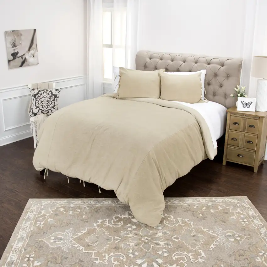 Natural Queen Cotton Washable Polyester Duvet Cover Set With Two Shams Photo 7