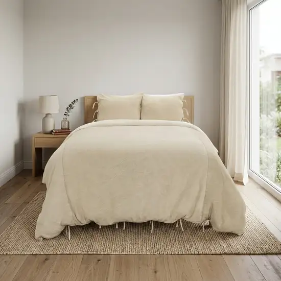 Natural Queen Cotton Washable Polyester Duvet Cover Set With Two Shams Photo 1