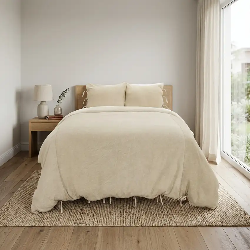 Natural Queen Cotton Washable Polyester Duvet Cover Set With Two Shams Photo 1