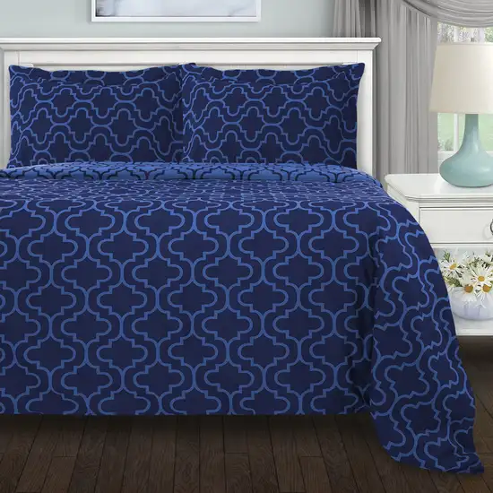 Navy Blue Queen Cotton Blend Thread Count Washable Duvet Cover Set Photo 4