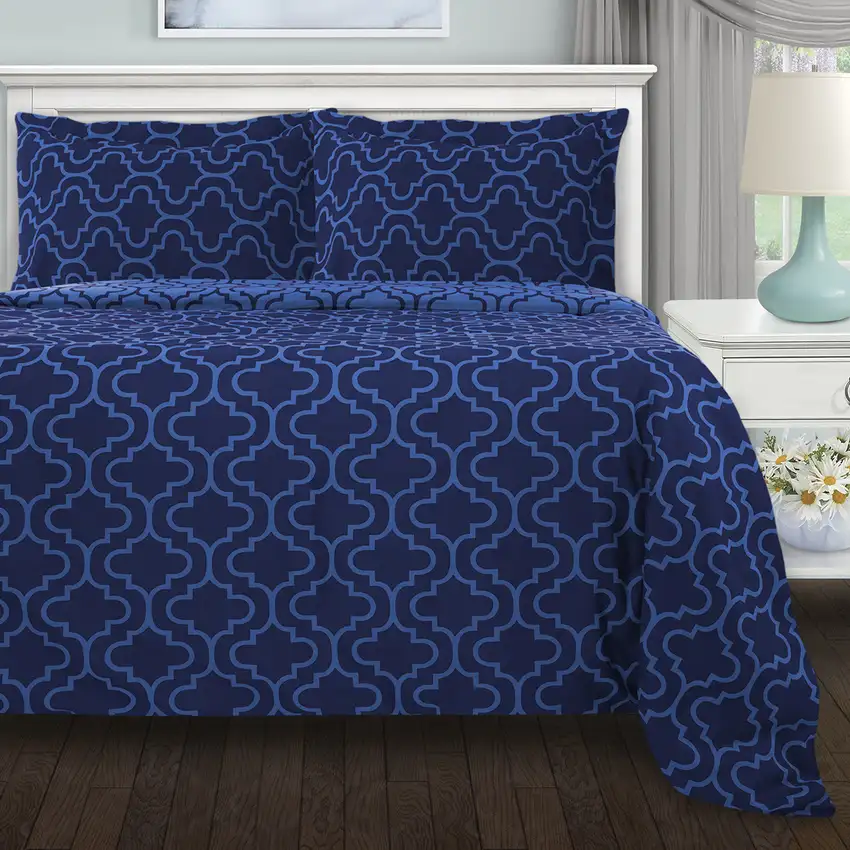 Navy Blue Queen Cotton Blend Thread Count Washable Duvet Cover Set Photo 4