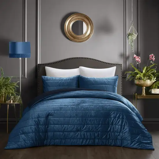 Navy Blue Queen Polyester 180 Thread Count Washable Down Comforter Set Photo 5