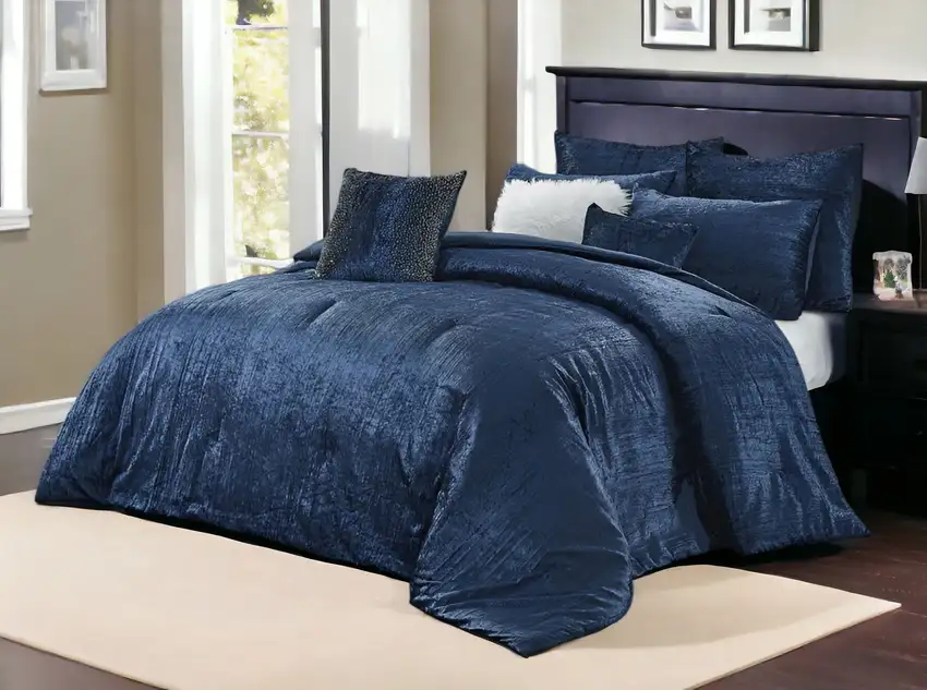 Navy Blue Queen Polyester 180 Thread Count Washable Down Comforter Set Photo 1