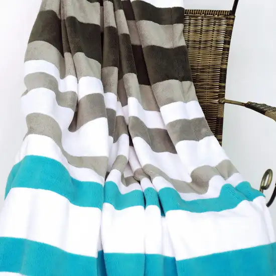 Onitiva - Stripes - Blue Fairy -  Soft Coral Fleece Patchwork Throw Blanket (59 by 78.7 inches) Photo 3