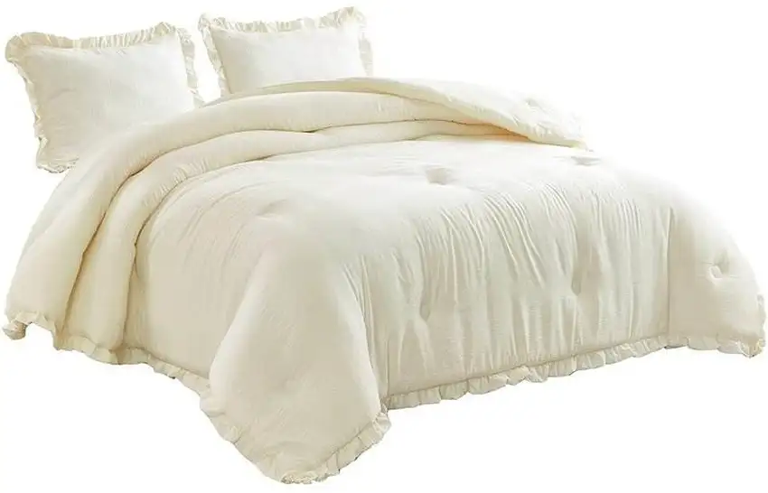 Oversized Queen Ivory Microfiber 3-Piece Comforter Set with Ruffled Edge Trim Photo 2