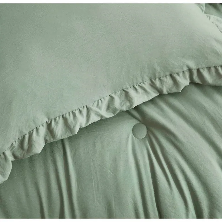 Oversized Queen Sage Microfiber 3-Piece Comforter Set with Ruffled Edge Trim Photo 4