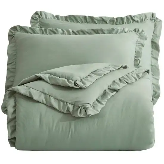 Oversized Queen Sage Microfiber 3-Piece Comforter Set with Ruffled Edge Trim Photo 2