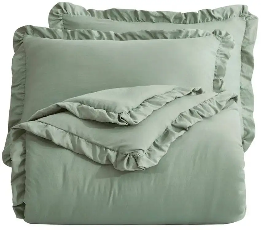 Oversized Queen Sage Microfiber 3-Piece Comforter Set with Ruffled Edge Trim Photo 2