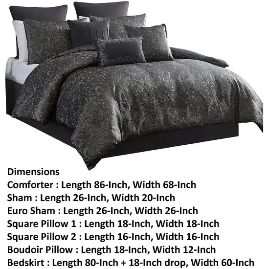 Pixie 9 Piece Polyester Queen Comforter Set, Damask Pattern, Charcoal Gray Photo 6