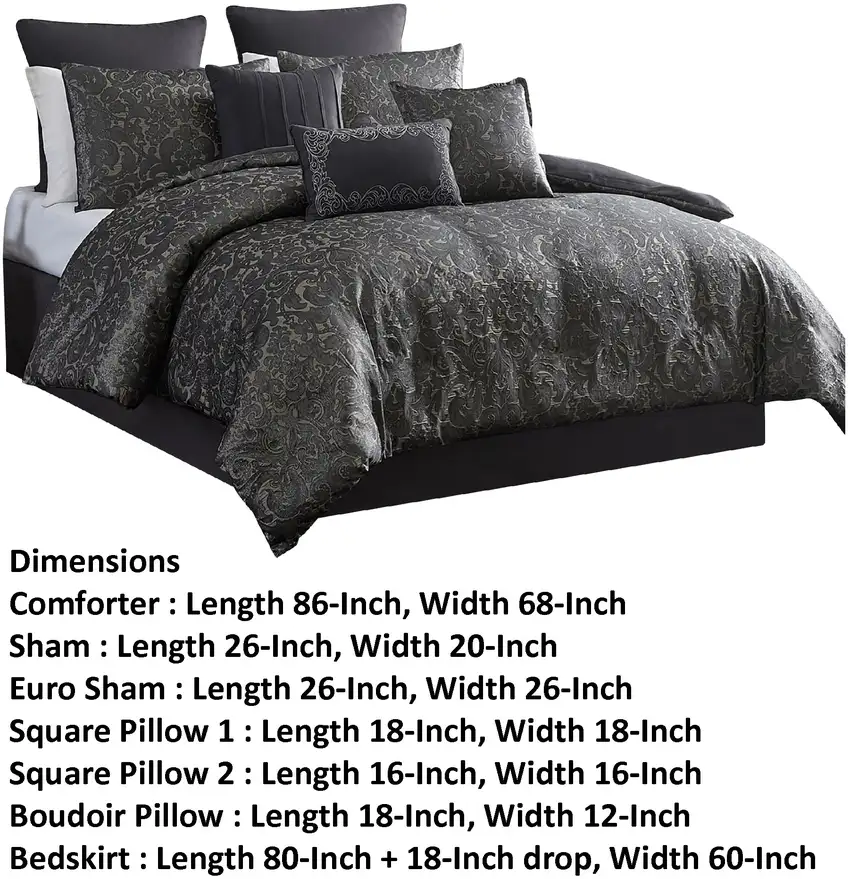 Pixie 9 Piece Polyester Queen Comforter Set, Damask Pattern, Charcoal Gray Photo 6