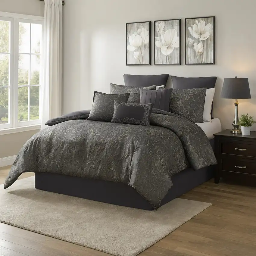 Pixie 9 Piece Polyester Queen Comforter Set, Damask Pattern, Charcoal Gray Photo 7