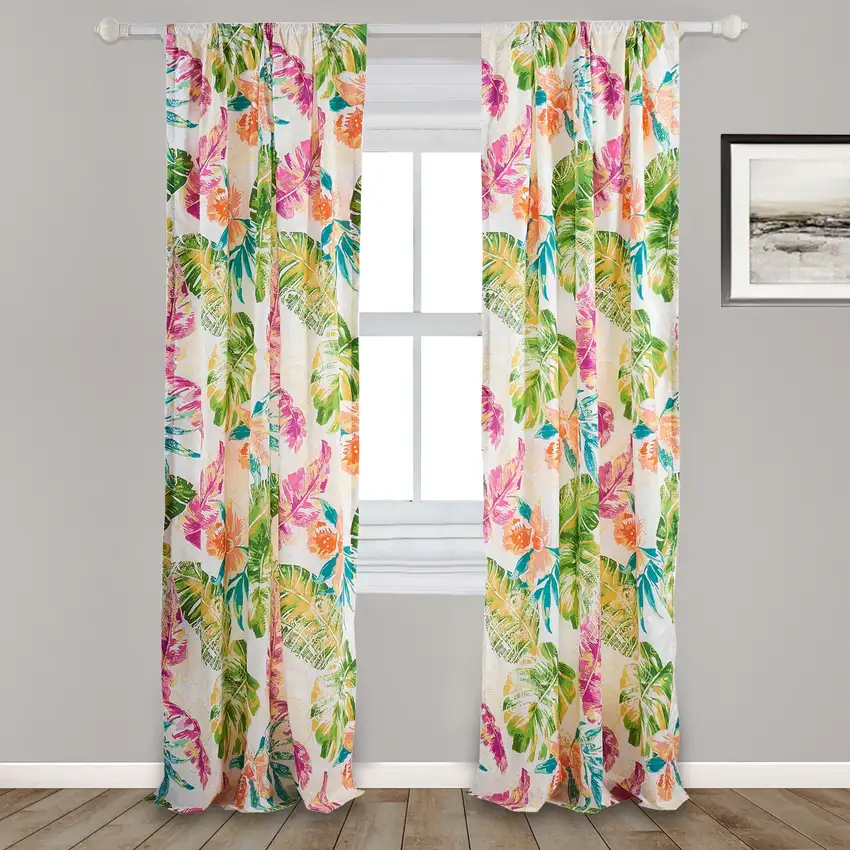 Porto 84 Inch Panel Window Curtains, Tropical Palm Leaves, Green and Blue Photo 6