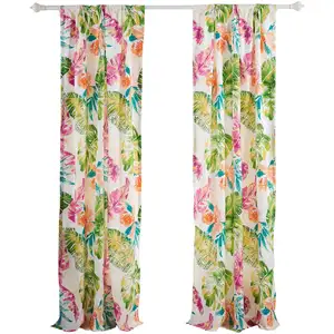 Photo of Porto 84 Inch Panel Window Curtains, Tropical Palm Leaves, Green and Blue