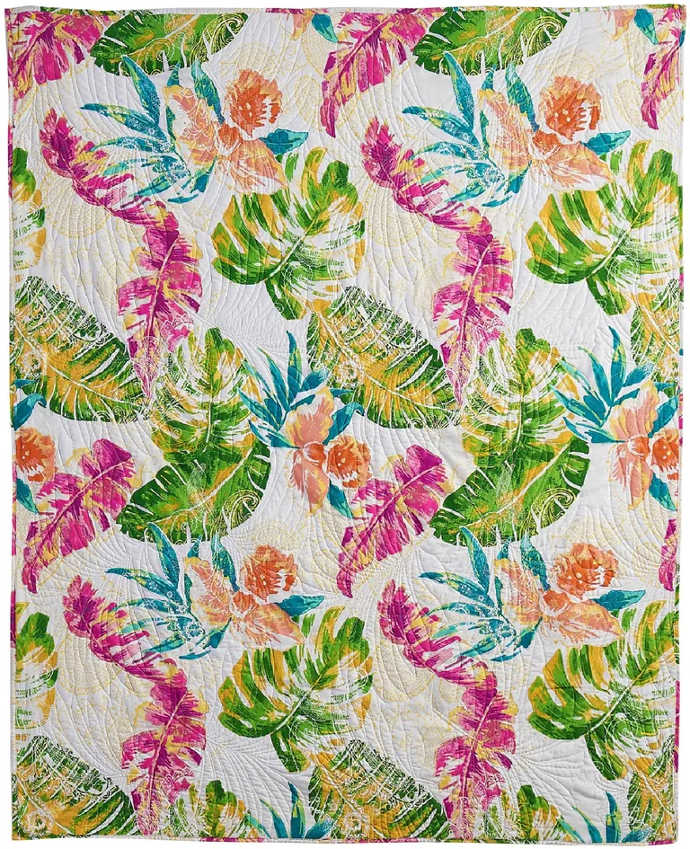 Porto 60 Inch Throw Blanket, Tropical Palm Leaves, Vibrant Green, Blue Photo 2