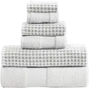 Photo of Porto 6 Piece Dual Tone Towel Set with Jacquard Grid Pattern The Urban Port, White