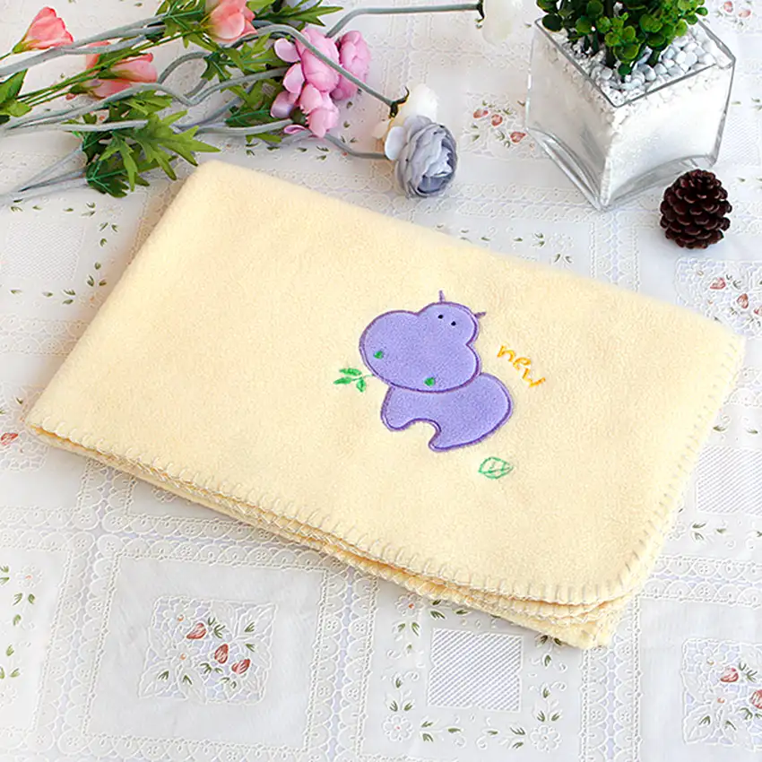 Purple Hippo - Yellow -  Embroidered Applique Coral Fleece Baby Throw Blanket (29.5 by 39.4 inches) Photo 3