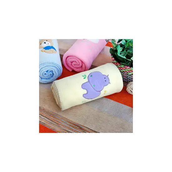 Purple Hippo - Yellow -  Embroidered Applique Coral Fleece Baby Throw Blanket (29.5 by 39.4 inches) Photo 2