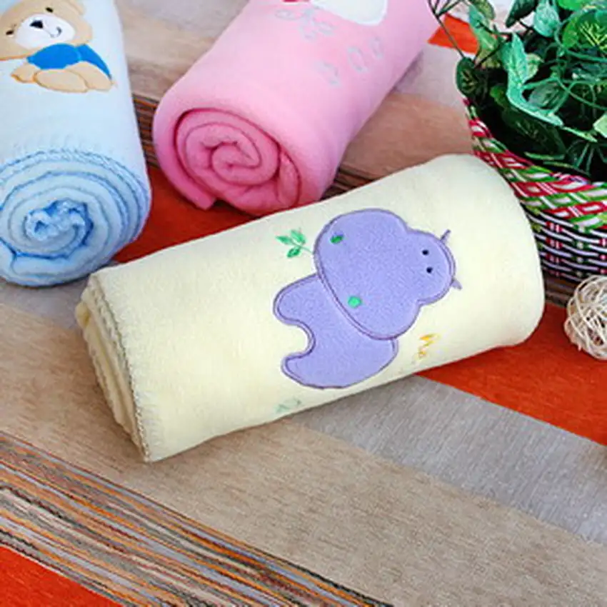Purple Hippo - Yellow -  Embroidered Applique Coral Fleece Baby Throw Blanket (29.5 by 39.4 inches) Photo 2