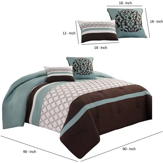 Quatrefoil King Size 8 Piece Fabric Comforter Set , Brown and Blue Photo 6