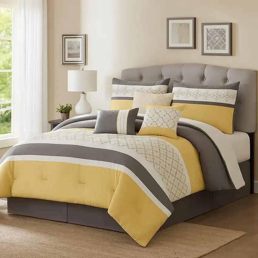 Quatrefoil Print Queen Size 7 Piece Fabric Comforter Set, Yellow and Gray Photo 7