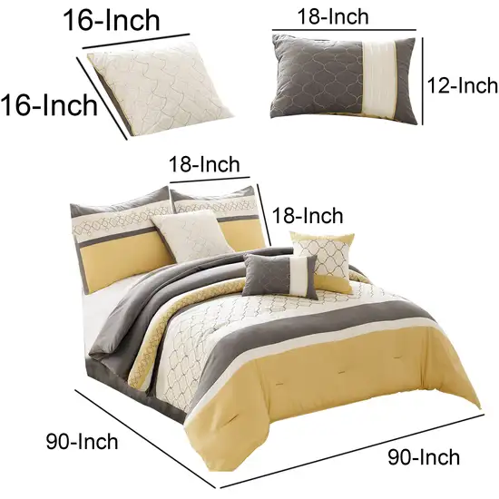 Quatrefoil Print Queen Size 7 Piece Fabric Comforter Set, Yellow and Gray Photo 6