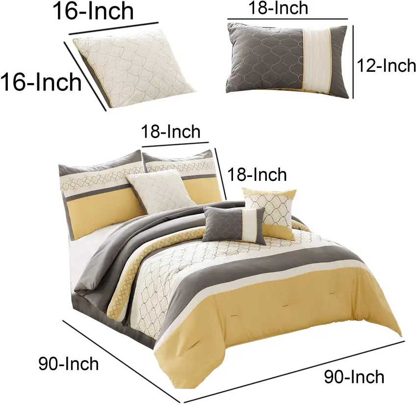 Quatrefoil Print Queen Size 7 Piece Fabric Comforter Set, Yellow and Gray Photo 6