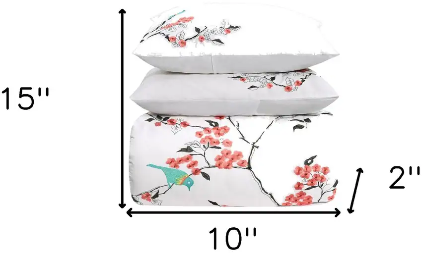 Coral and White Queen 100% Cotton 200 Thread Count Washable Duvet Cover Set Photo 9