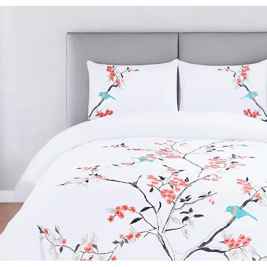 Coral and White Queen 100% Cotton 200 Thread Count Washable Duvet Cover Set Photo 1