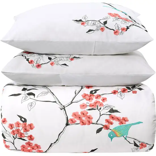 Coral and White Queen 100% Cotton 200 Thread Count Washable Duvet Cover Set Photo 7