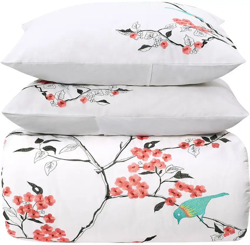 Coral and White Queen 100% Cotton 200 Thread Count Washable Duvet Cover Set Photo 7