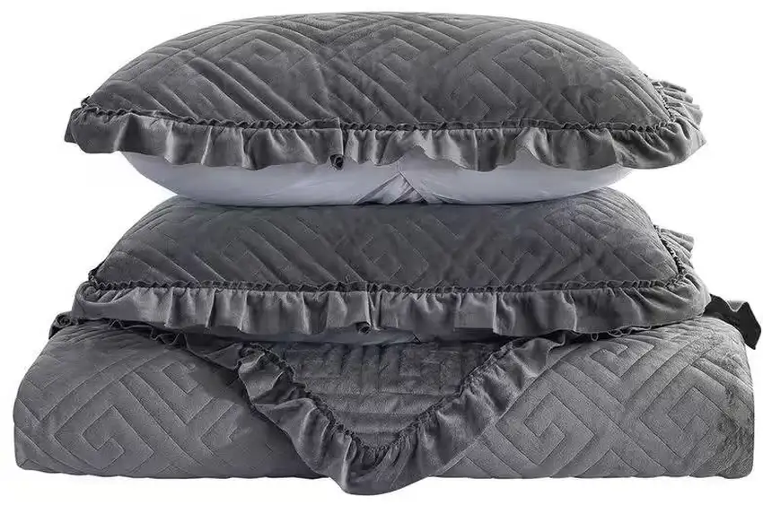 Queen Gray Charcoal Velvet Microfiber Polyester Reversible 3-Piece Quilt Set Photo 2