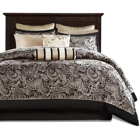 Queen 12 Piece Cotton Polyester Comforter Set Black Gold Paisley Photo 1