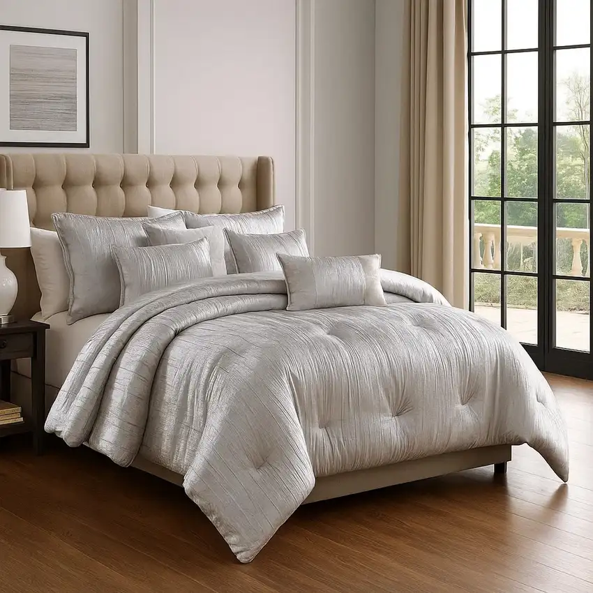 Queen Size 7 Piece Fabric Comforter Set with Crinkle Texture, Silver Photo 7