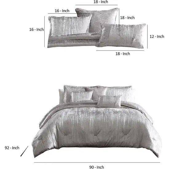 Queen Size 7 Piece Fabric Comforter Set with Crinkle Texture, Silver Photo 6