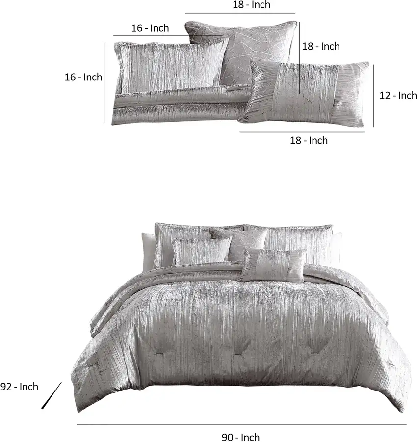Queen Size 7 Piece Fabric Comforter Set with Crinkle Texture, Silver Photo 6
