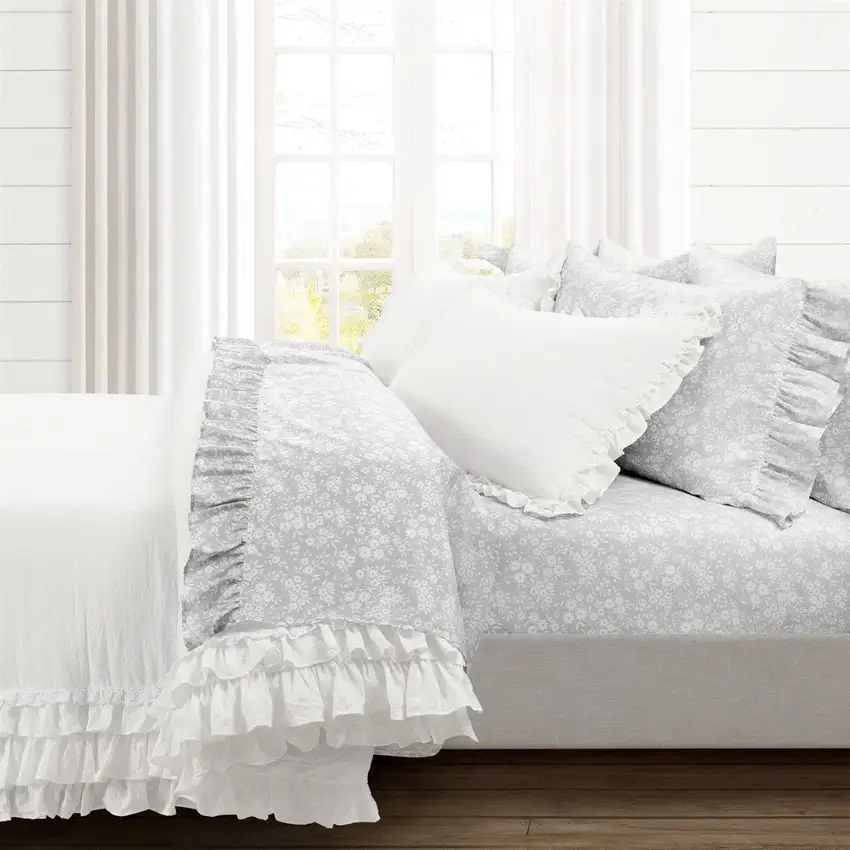 Queen Size Polyester Grey Ruffle Floral 6 Piece Sheet Set Photo 5