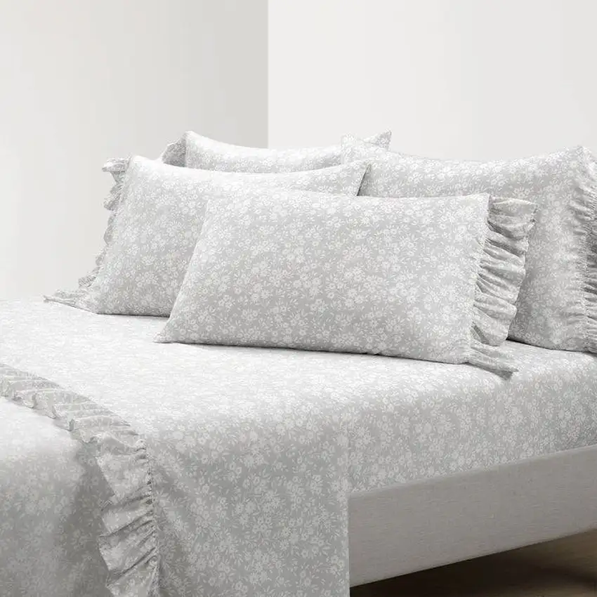 Queen Size Polyester Grey Ruffle Floral 6 Piece Sheet Set Photo 2