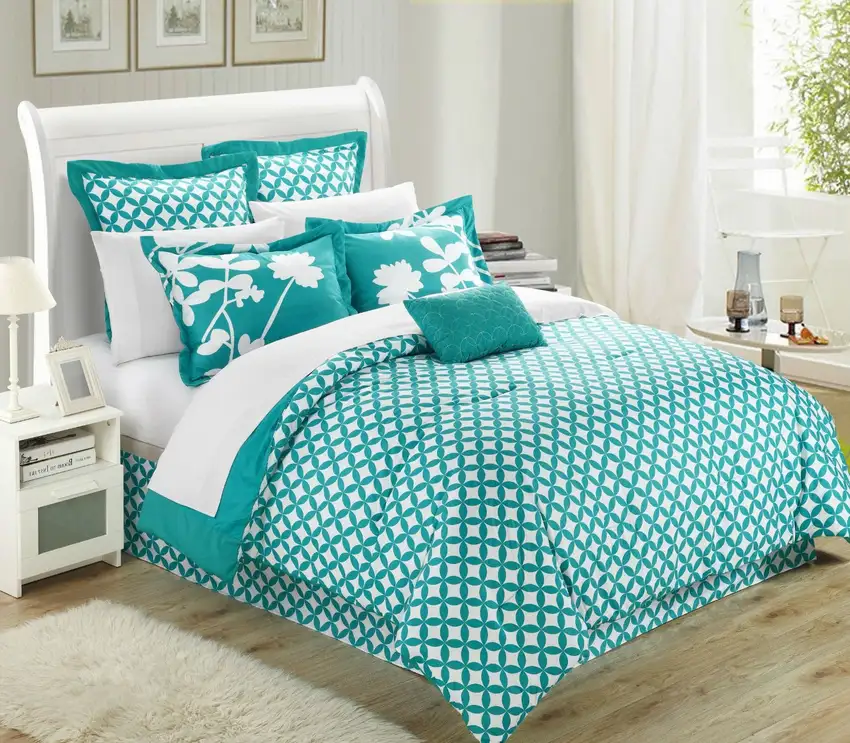 Queen size Turquoise 7-Piece Floral Bed in a Bag Comforter Set Photo 2